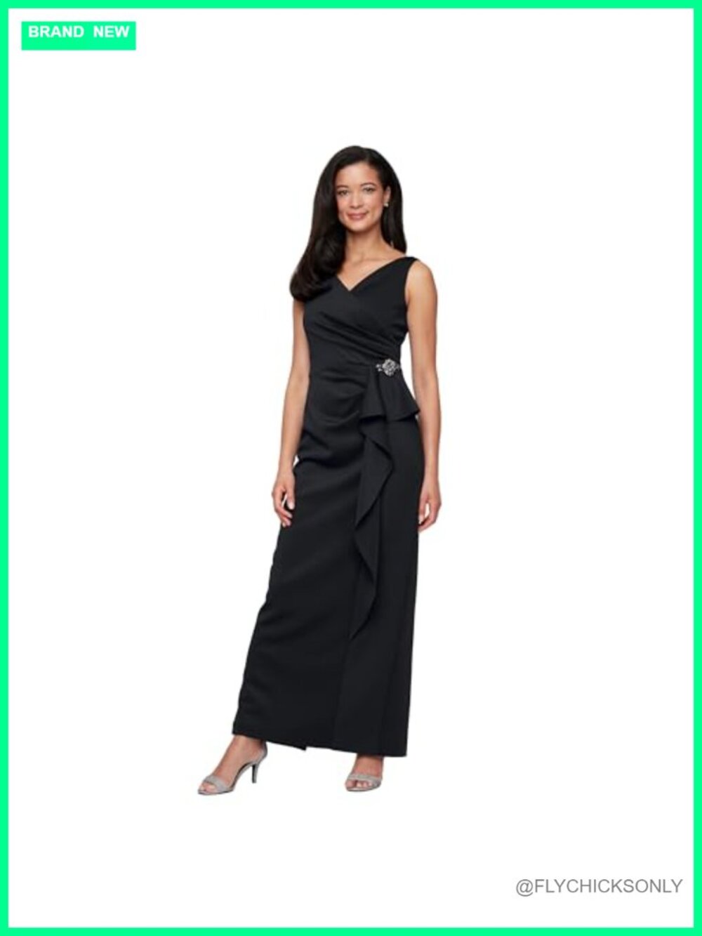 Sleeveless Stretch Scuba Crepe Dress Embellished Cascade Ruffle